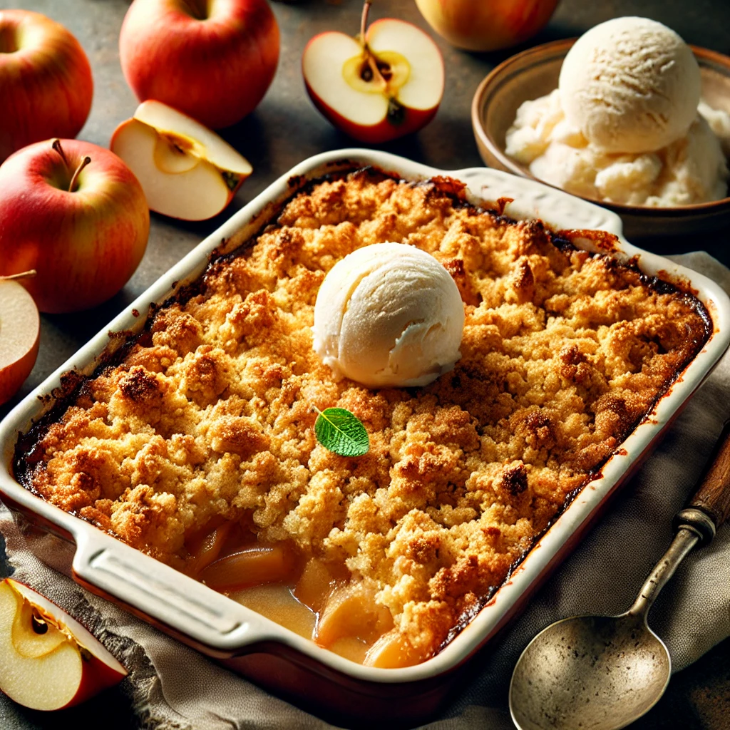 Un délicieux crumble aux pommes dans un plat de cuisson, fraîchement cuit avec une garniture dorée et croustillante. Une portion est servie sur une assiette avec une boule de glace à la vanille, et des pommes fraîches sont disposées autour pour la décoration. La scène est chaleureuse et accueillante, parfaite pour mettre en valeur un dessert fait maison.