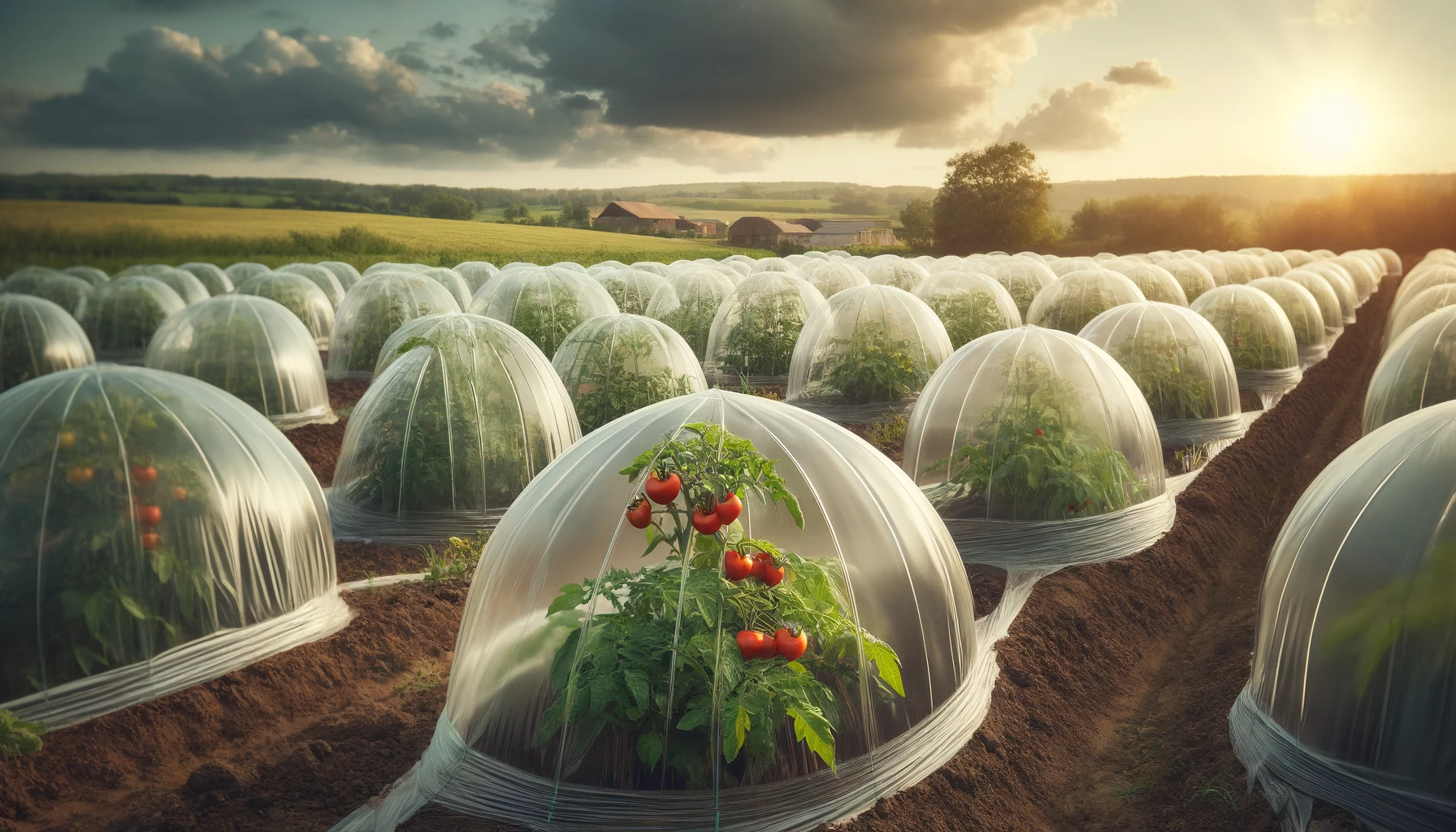 Plants de tomates protégés par des cloches et tunnels en plastique
