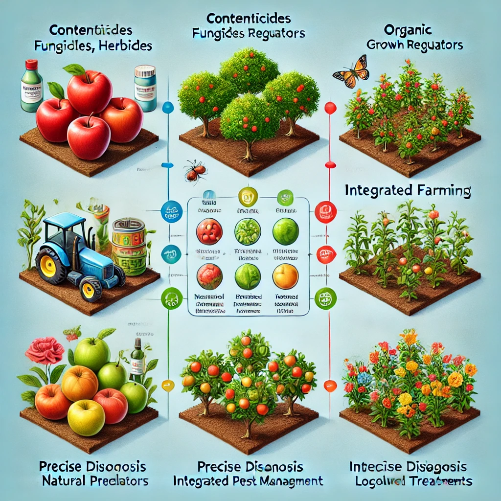 Diagramme comparatif montrant les différents types de traitements pour les pommes : traitements conventionnels (pesticides, fongicides, herbicides, régulateurs de croissance), traitements biologiques (biopesticides, prédateurs naturels, rotation des cultures), et traitements en agriculture raisonnée (diagnostic précis, lutte intégrée, traitements localisés).