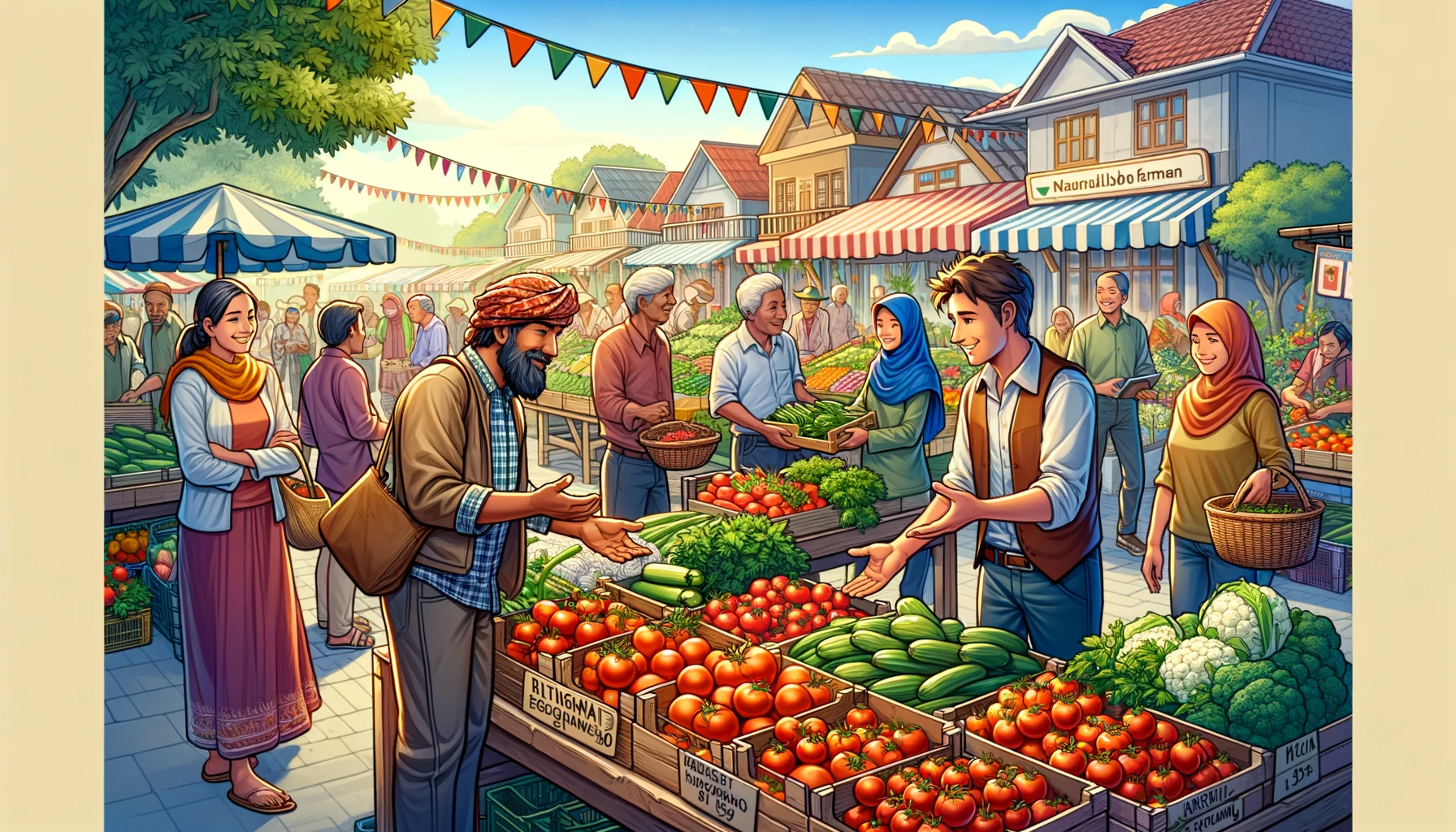 Marché local avec des produits frais et des producteurs de tomates