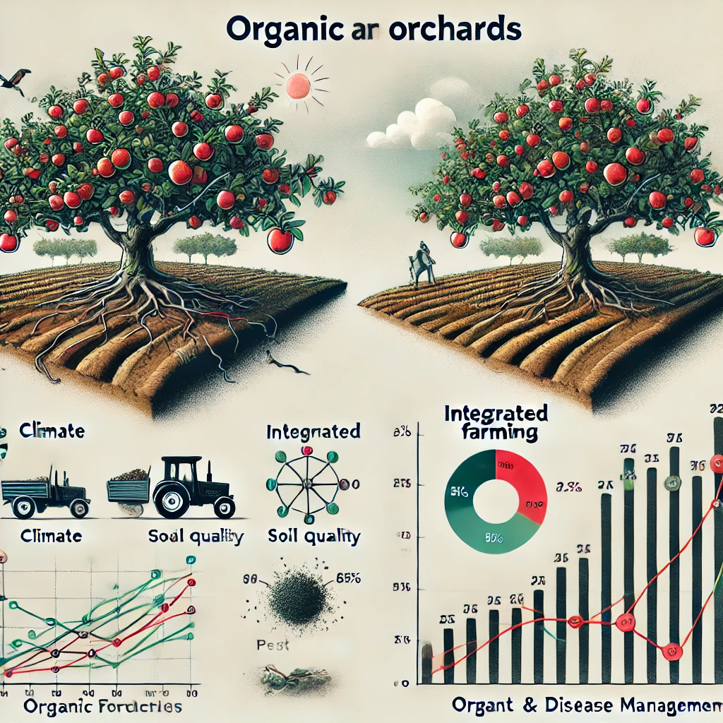 Graphique comparatif montrant les rendements des vergers de pommes en agriculture biologique et raisonnée. Le graphique met en évidence les facteurs influençant la production, tels que le climat, la qualité du sol, les techniques agricoles, et la gestion des maladies et des parasites.