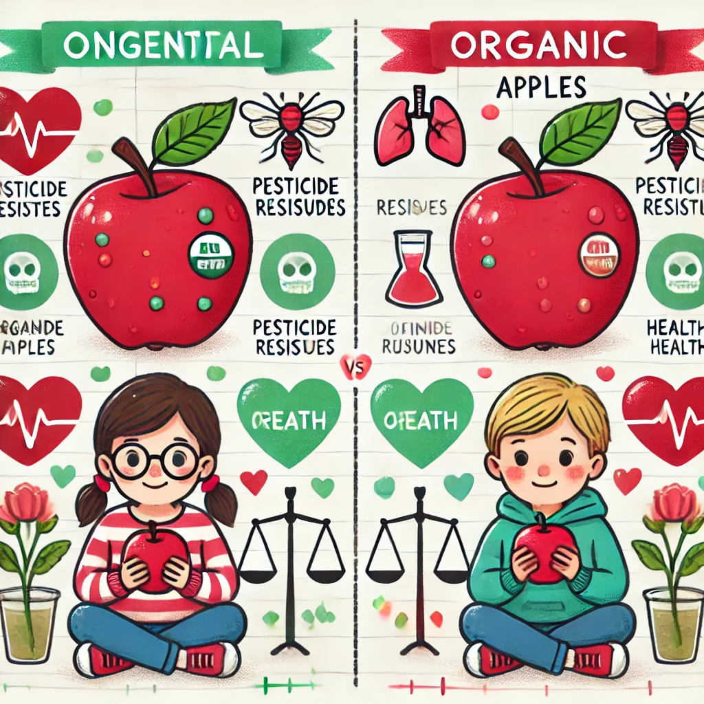 Illustration montrant des pommes conventionnelles et bio, avec des symboles représentant les résidus de pesticides, la santé (cœur et poumons), et des enfants consommant des pommes bio pour illustrer les avantages pour la santé.