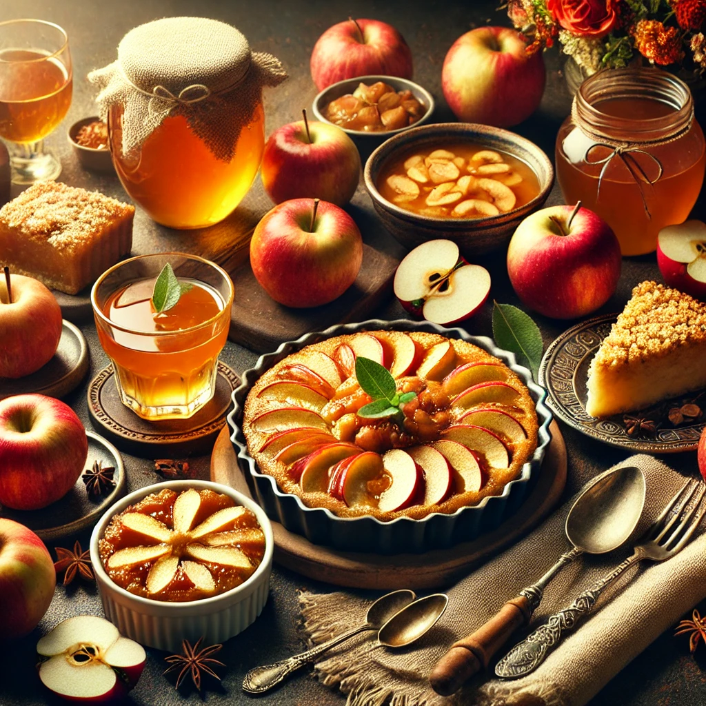 Un assortiment de plats à base de pommes, incluant de la compote de pommes, du cidre de pommes, un gâteau aux pommes, un crumble aux pommes et une tarte aux pommes, magnifiquement disposés sur une table. Chaque plat est mis en valeur avec ses ingrédients et textures uniques, sous une lumière chaude et invitante.