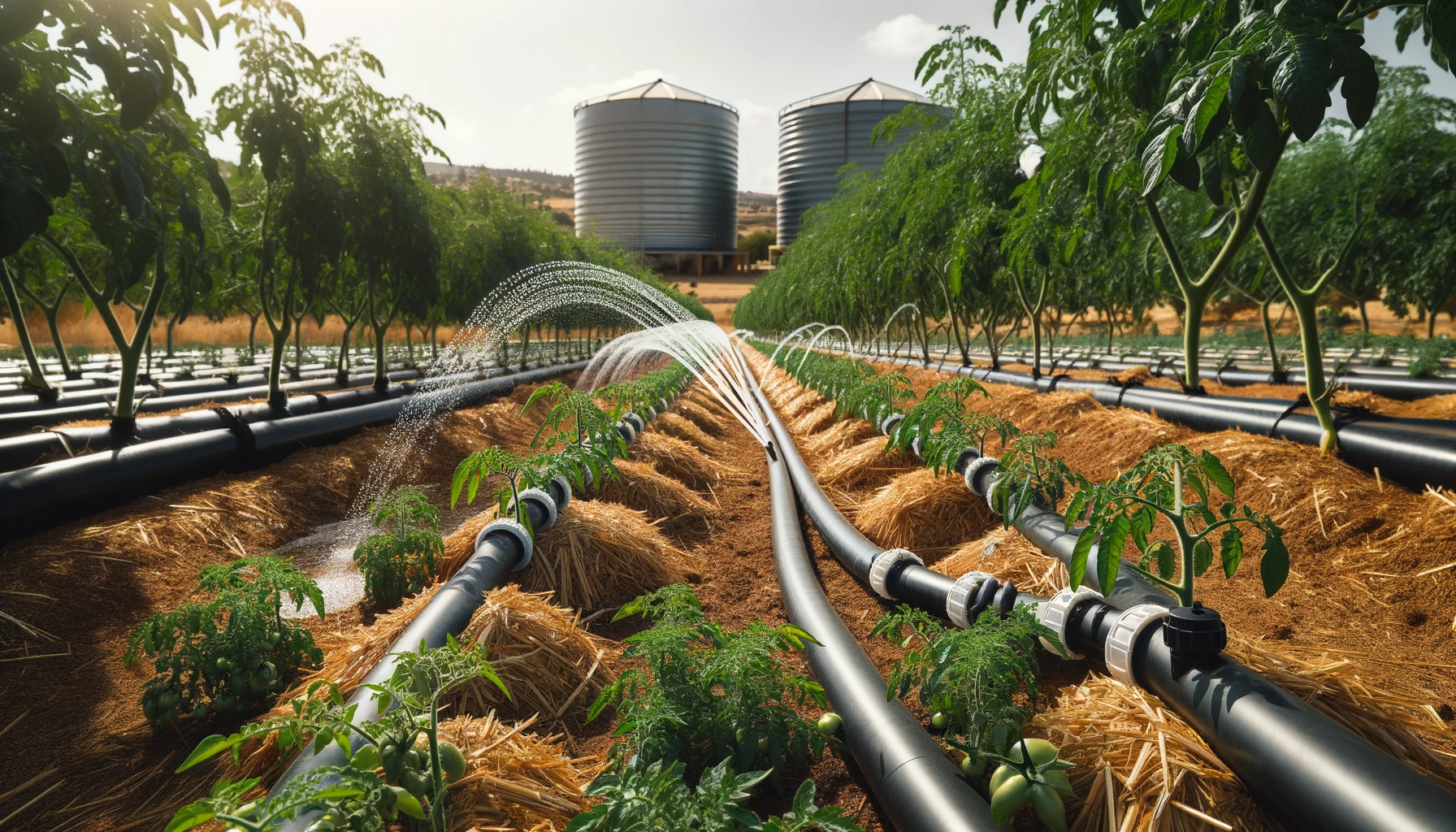 Système d'irrigation goutte-à-goutte et paillage dans une plantation de tomates