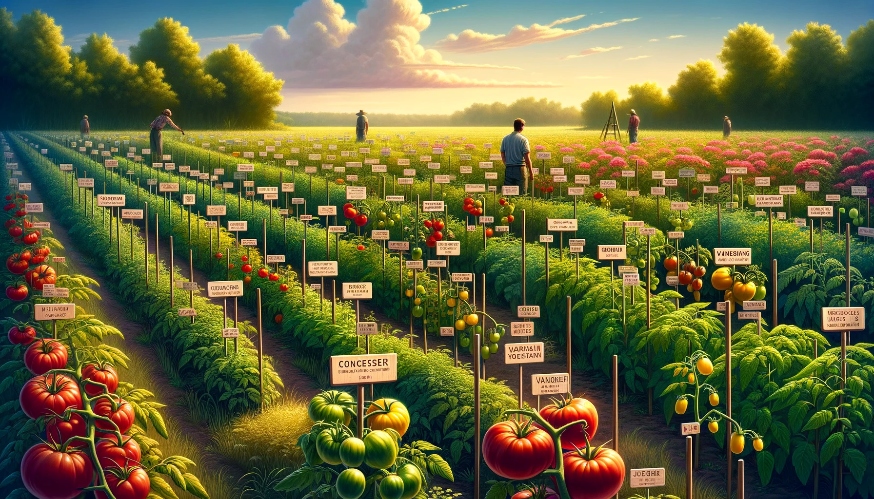 Champ avec différentes variétés de plants de tomates étiquetés