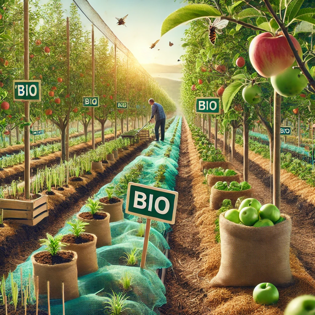 Un verger de pommiers cultivés en agriculture biologique, avec des panneaux indiquant "Bio" et des méthodes naturelles visibles comme des filets anti-insectes et des rangées de compost. Des agriculteurs travaillent dans un environnement verdoyant et sain.