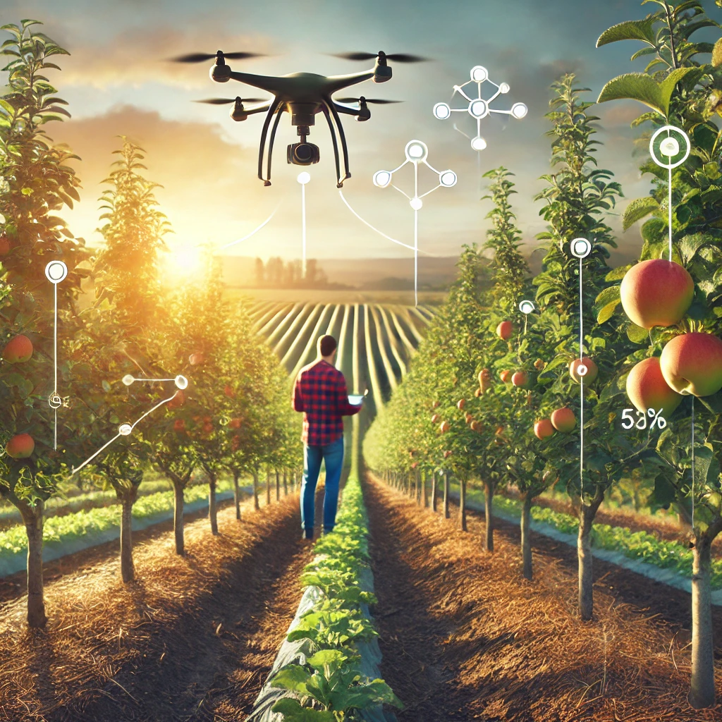 Un verger de pommiers en agriculture raisonnée, montrant des techniques avancées comme l'utilisation de capteurs pour surveiller les cultures et des équipements de précision pour l'application localisée des traitements. Un agriculteur utilise un drone pour inspecter les arbres.