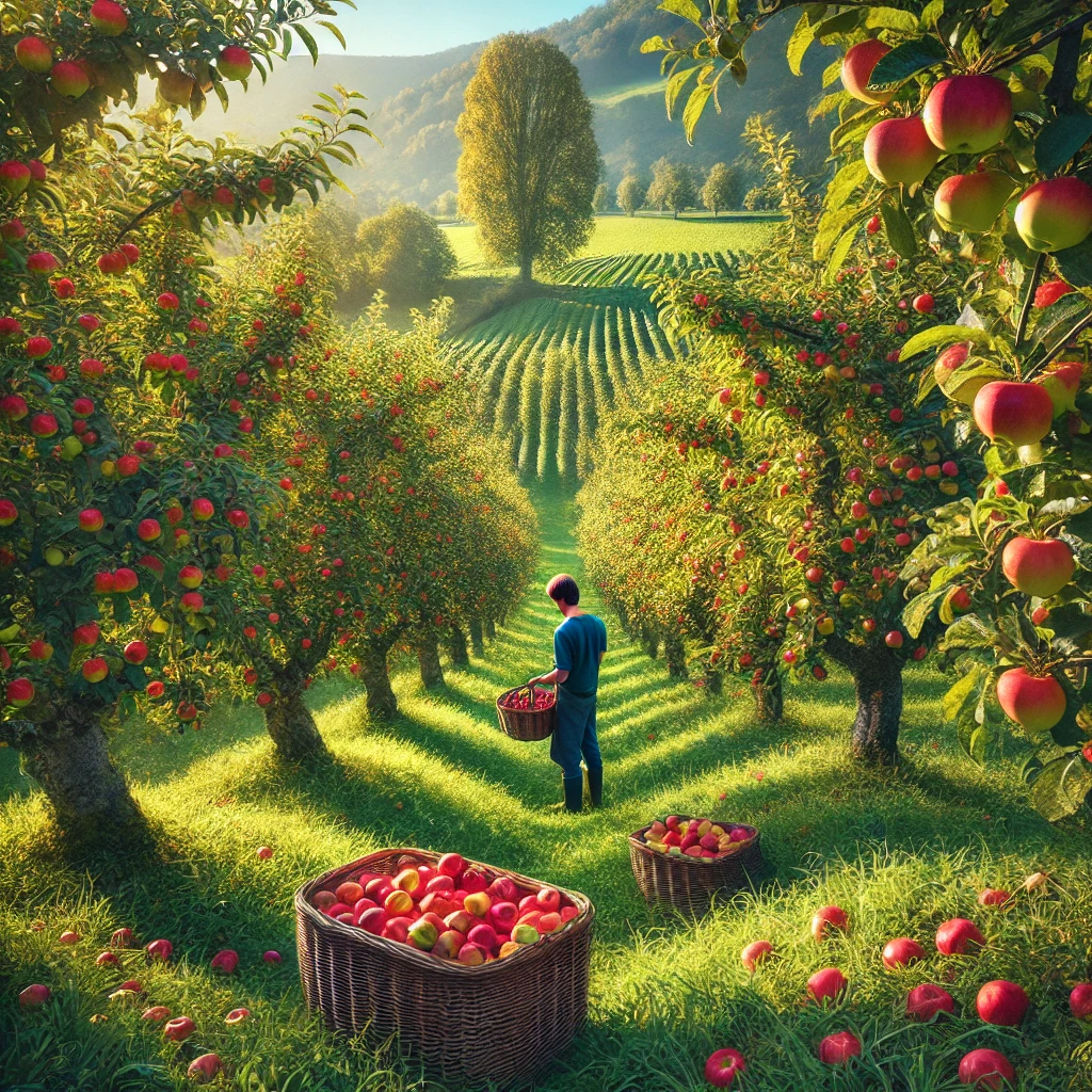 Un verger de pommiers en France avec des arbres chargés de pommes rouges et jaunes. Un agriculteur cueille des pommes dans un cadre naturel et verdoyant, avec un ciel bleu en arrière-plan.