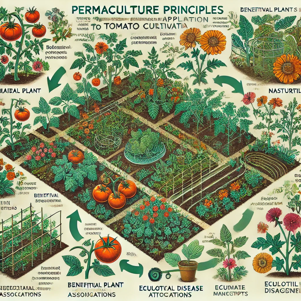 Illustration de la permaculture appliquée à la culture des tomates, montrant des associations de plantes bénéfiques et des techniques de lutte écologique.
