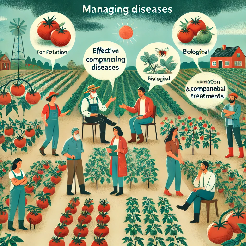 Illustration montrant des producteurs de tomates partageant leurs expériences de gestion des maladies, avec des exemples de pratiques efficaces.