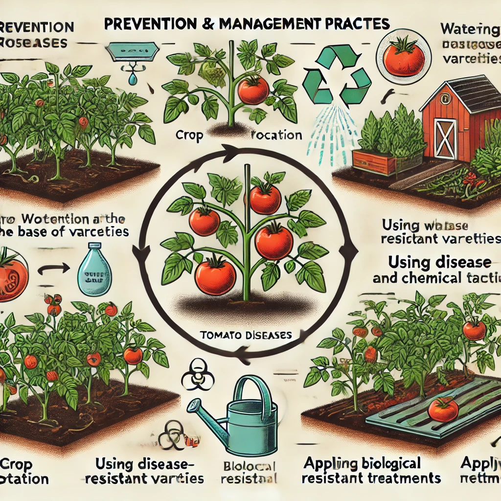 Illustration des pratiques de prévention et de gestion des maladies des tomates, incluant la rotation des cultures, l'arrosage à la base, et l'utilisation de variétés résistantes.