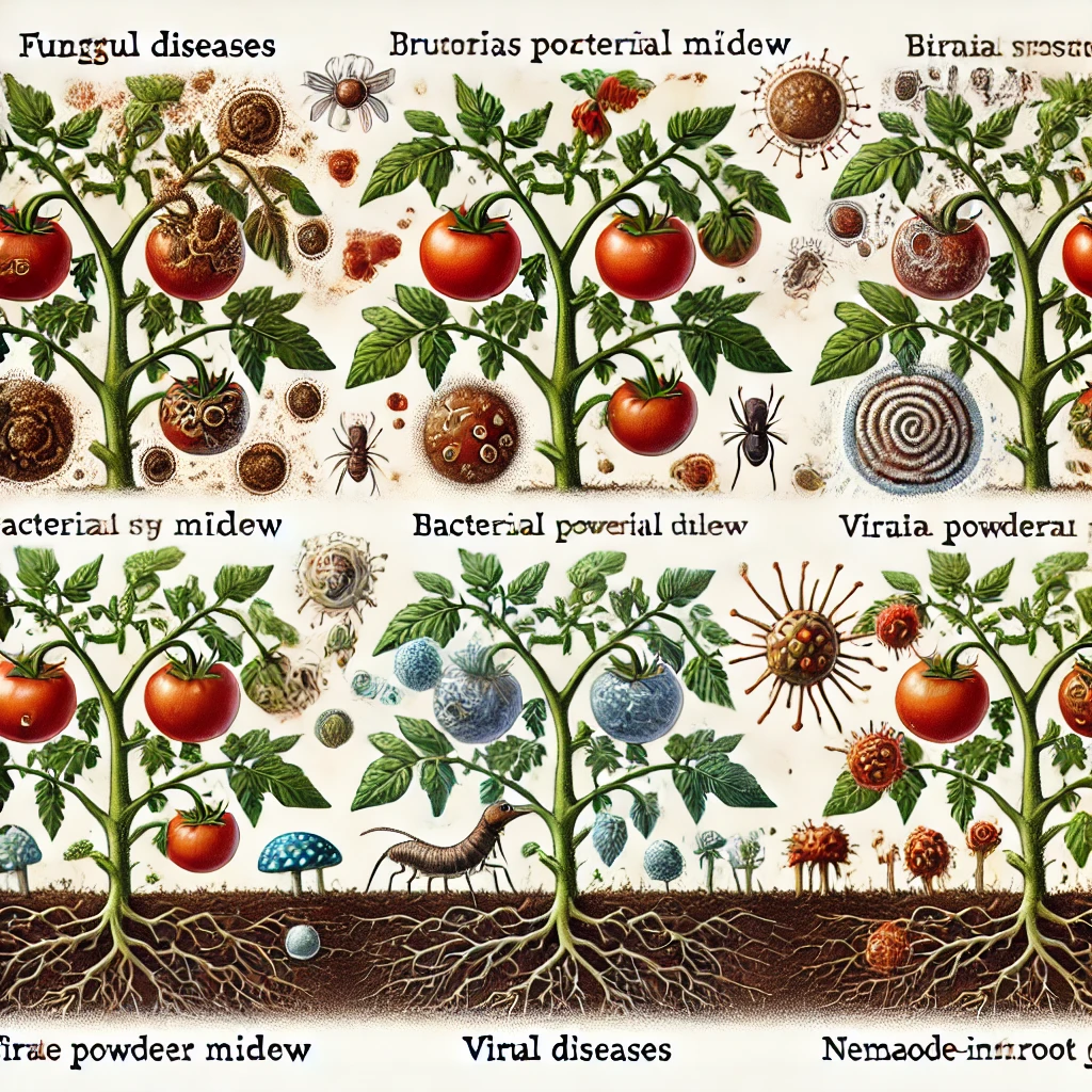 Illustration des principales maladies des tomates avec des symptômes spécifiques visibles sur les plantes.